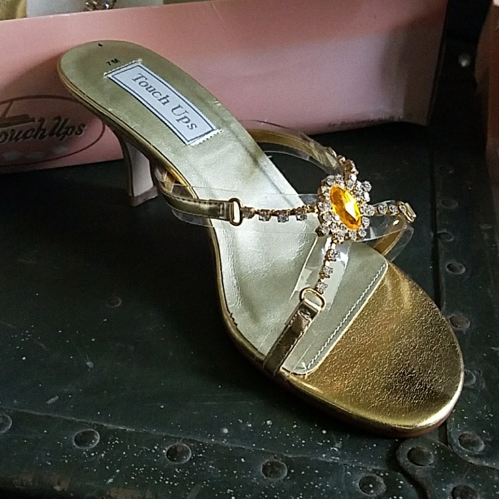 Strappy gold rhinestone heels